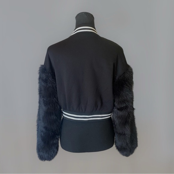 Faux Fur Sleeve Letterman Varsity Baseball Bomber Jacket Cropped Small Black - Picture 3 of 15